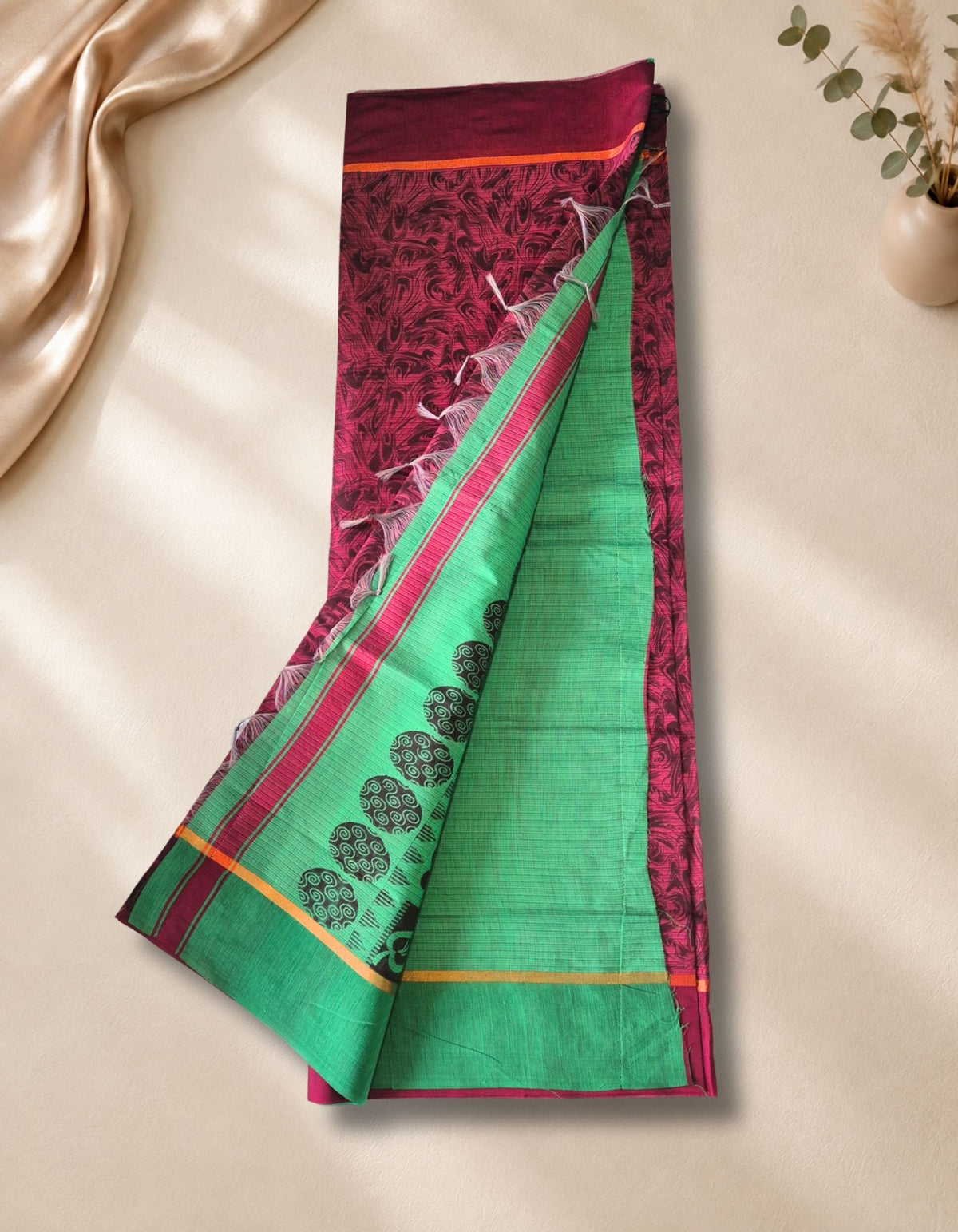 Banana Pith Fibre Saree- Red with green border
