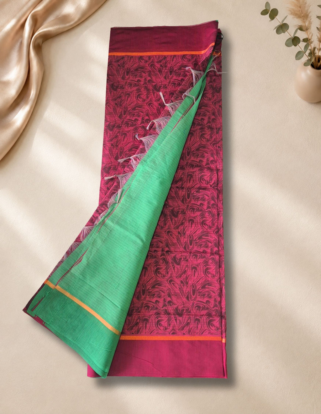 Banana Pith Fibre Saree- Red with green border