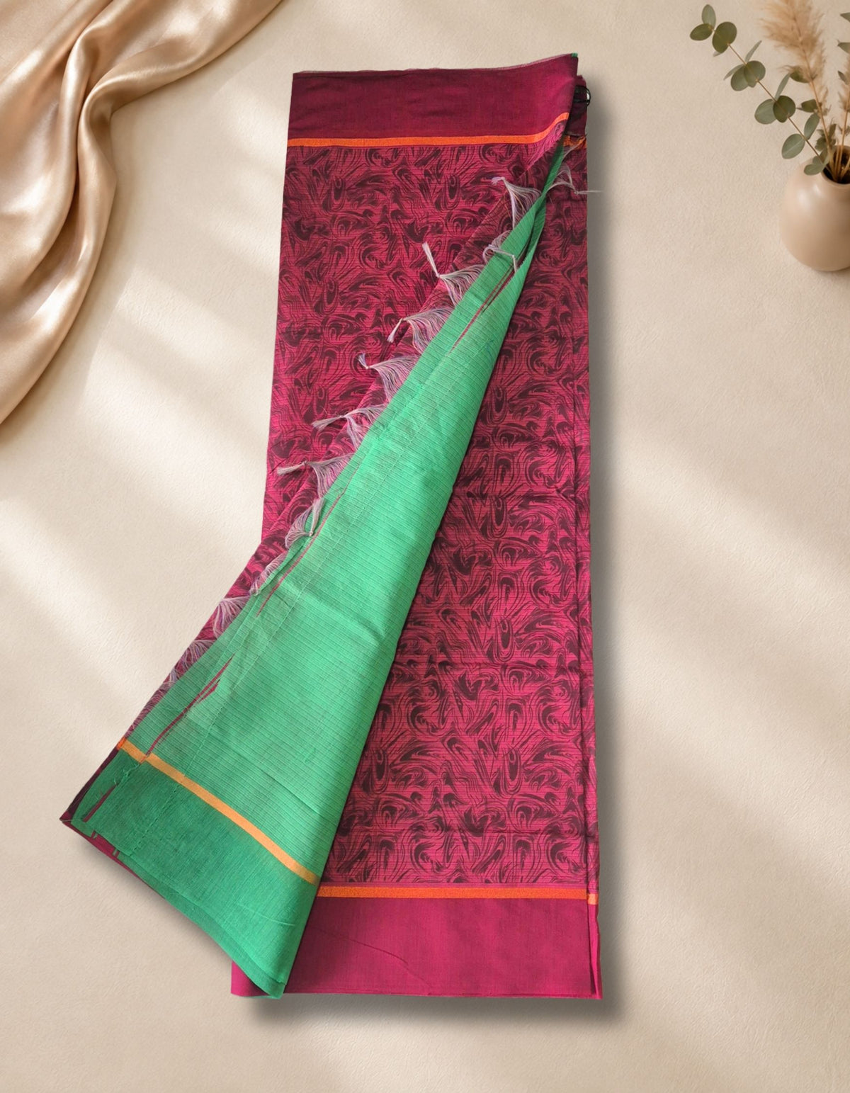Banana Pith Fibre Saree- Red with green border