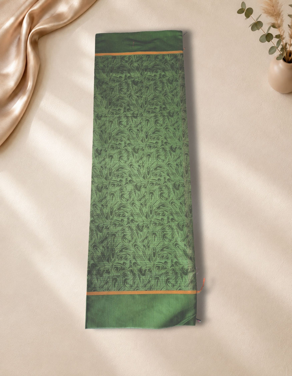 Banana Pith Fibre Saree- Green with pink border