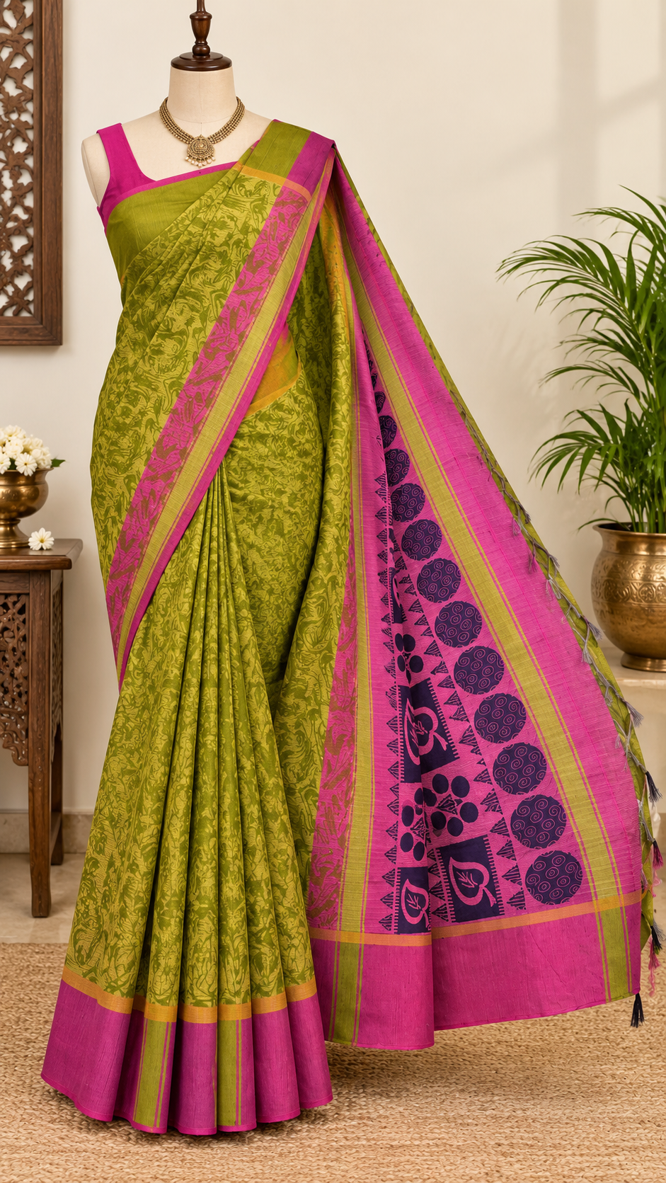 Banana Fibre Saree- Dim parrot green with pink border