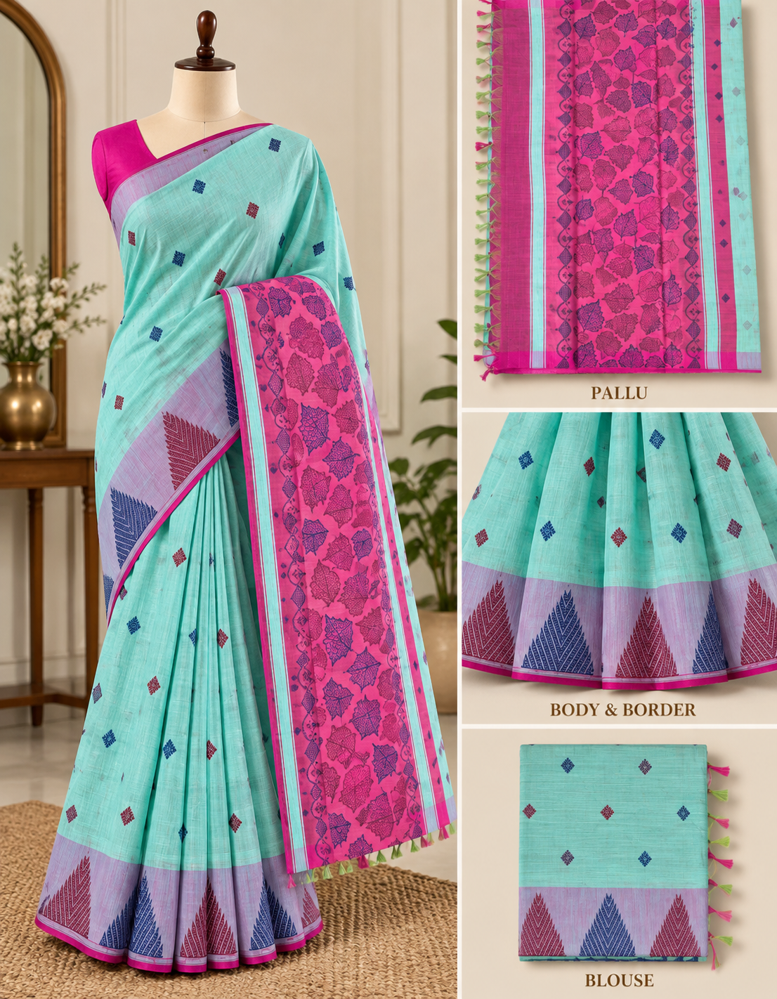 Mint Green Banana Fibre with Silk Saree with Pink Border