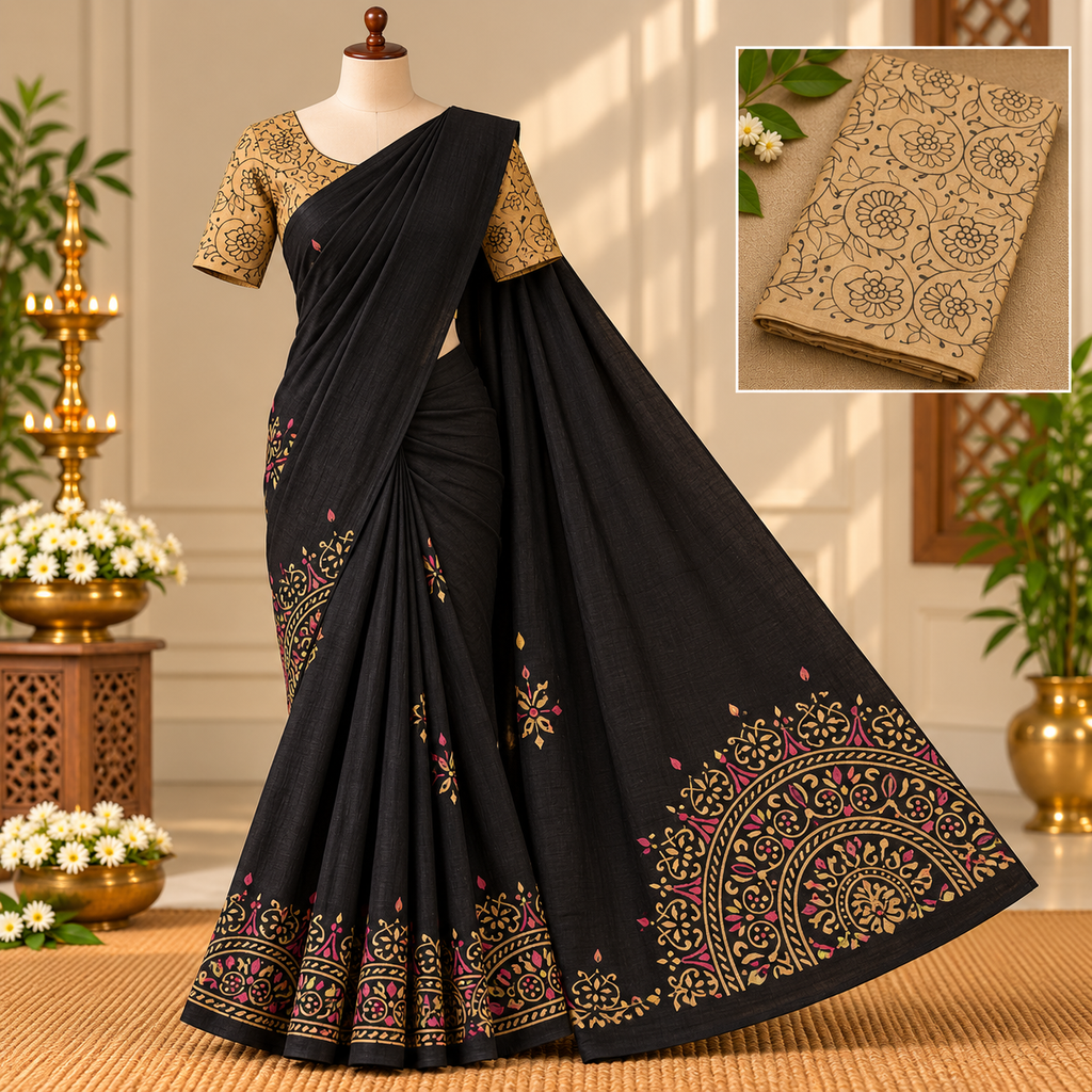 Black Linen Cotton Saree with Floral & Paisley Prints