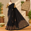 Black Linen Cotton Saree with Floral & Paisley Prints