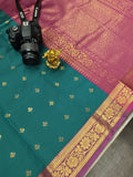 SIGNATURE WOVEN SOFT SILK- Teal Green with magenta border