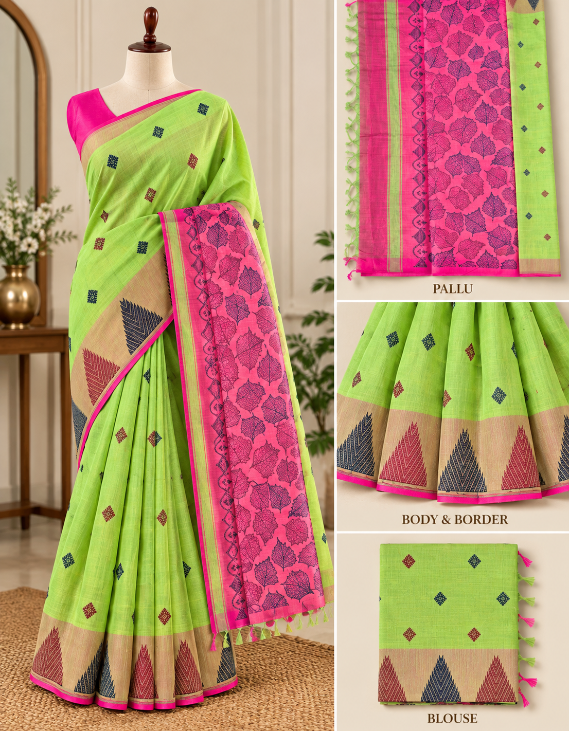 Lime Green & Pink Banana Fibre Silk Sirumugai Thari Saree