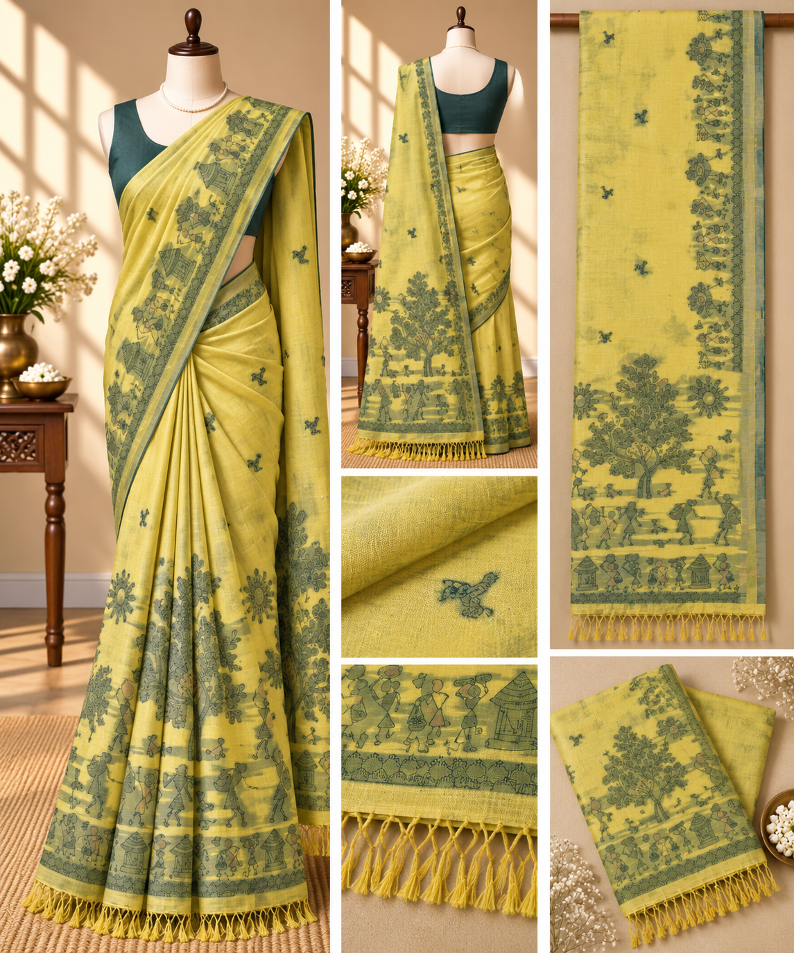 Chanderi Cotton Saree - Olive Yellow