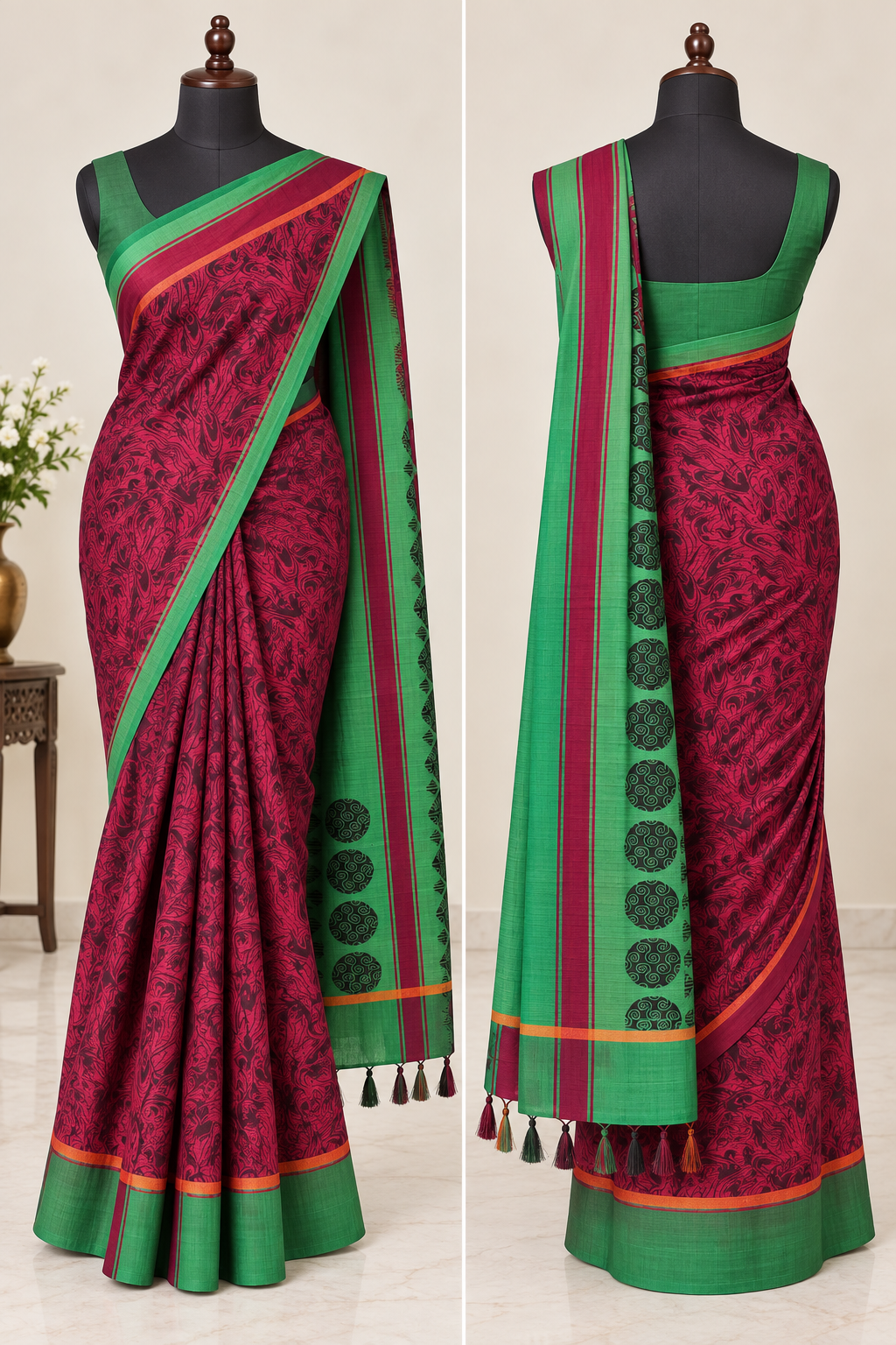 Banana Fibre Saree- Red with green border