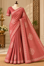 Pink South Mix Cotton Saree with Floral Block Prints