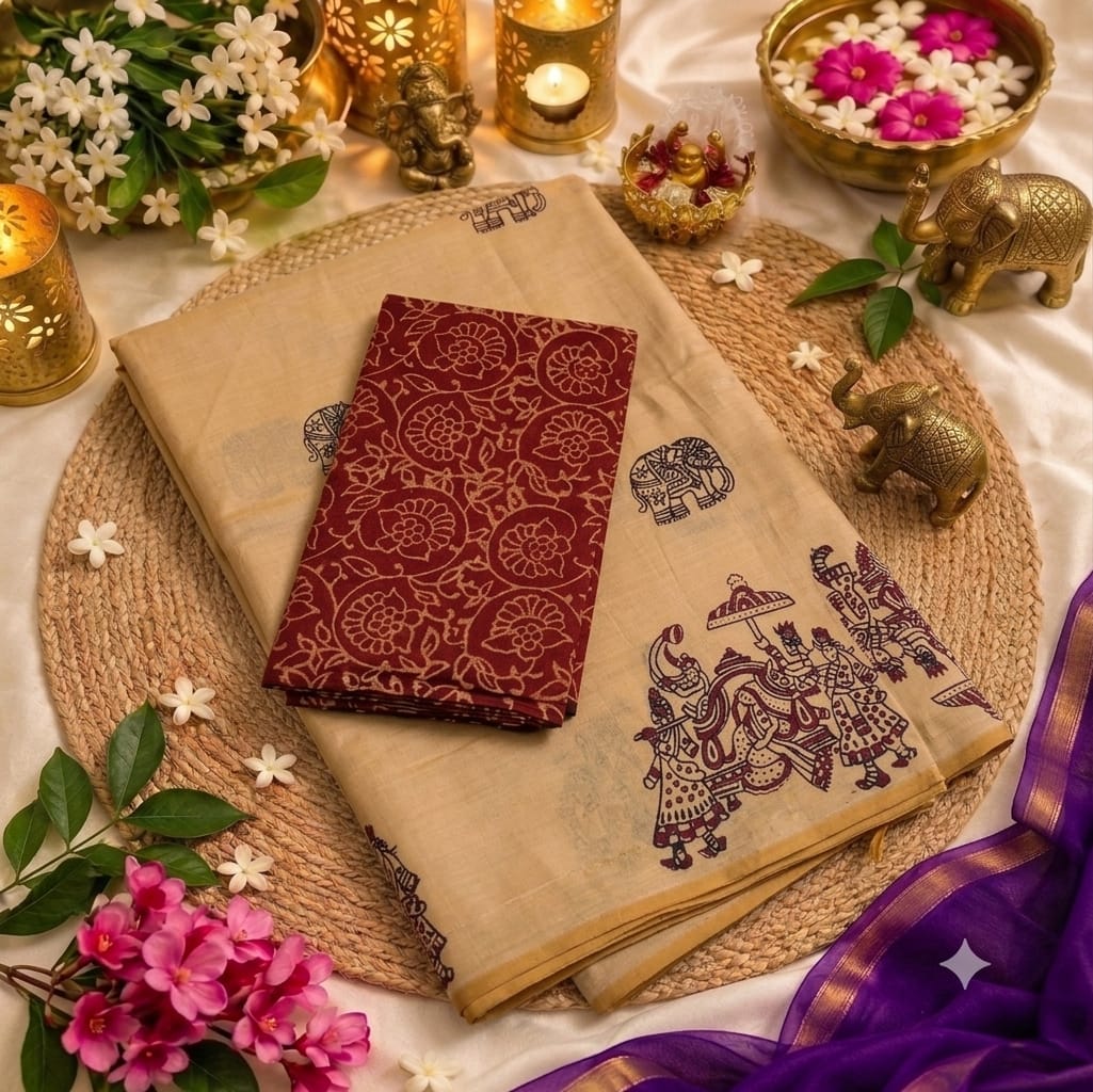 Dull Cream Cotton Saree with Floral & Traditional Elephant Prints