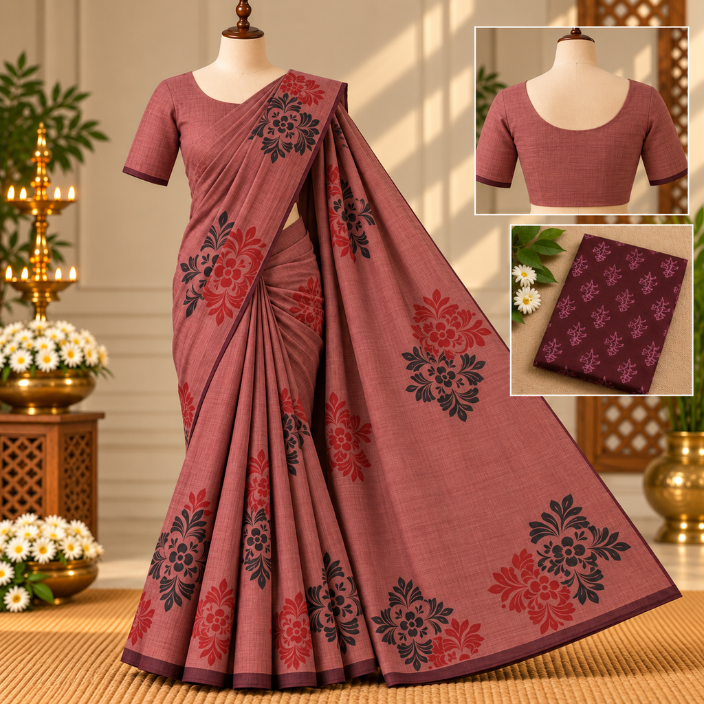Dusty Rose Cotton Saree with Floral Block Prints