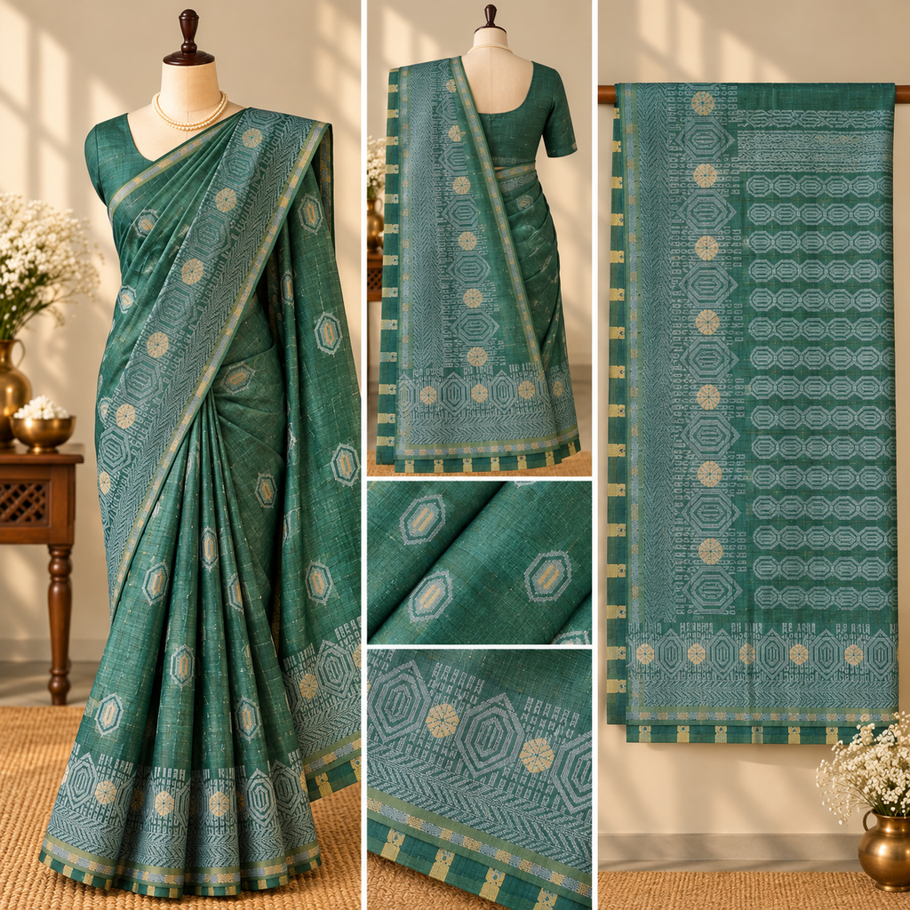 Tussar Khadi Saree - Bottle Green