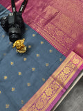 SIGNATURE WOVEN SOFT SILK- Grey with Pink border