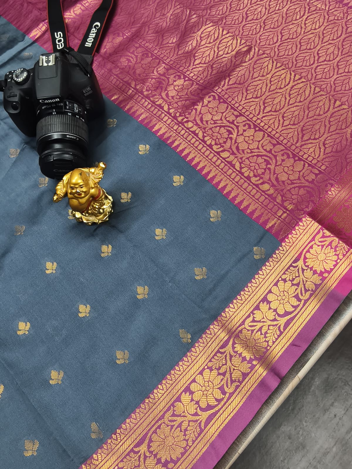 SIGNATURE WOVEN SOFT SILK- Grey with Pink border