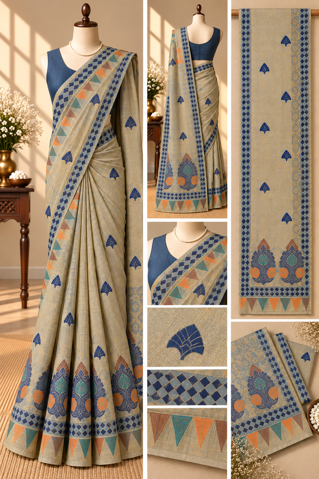 Jacquard Silk Saree - Cream Blue