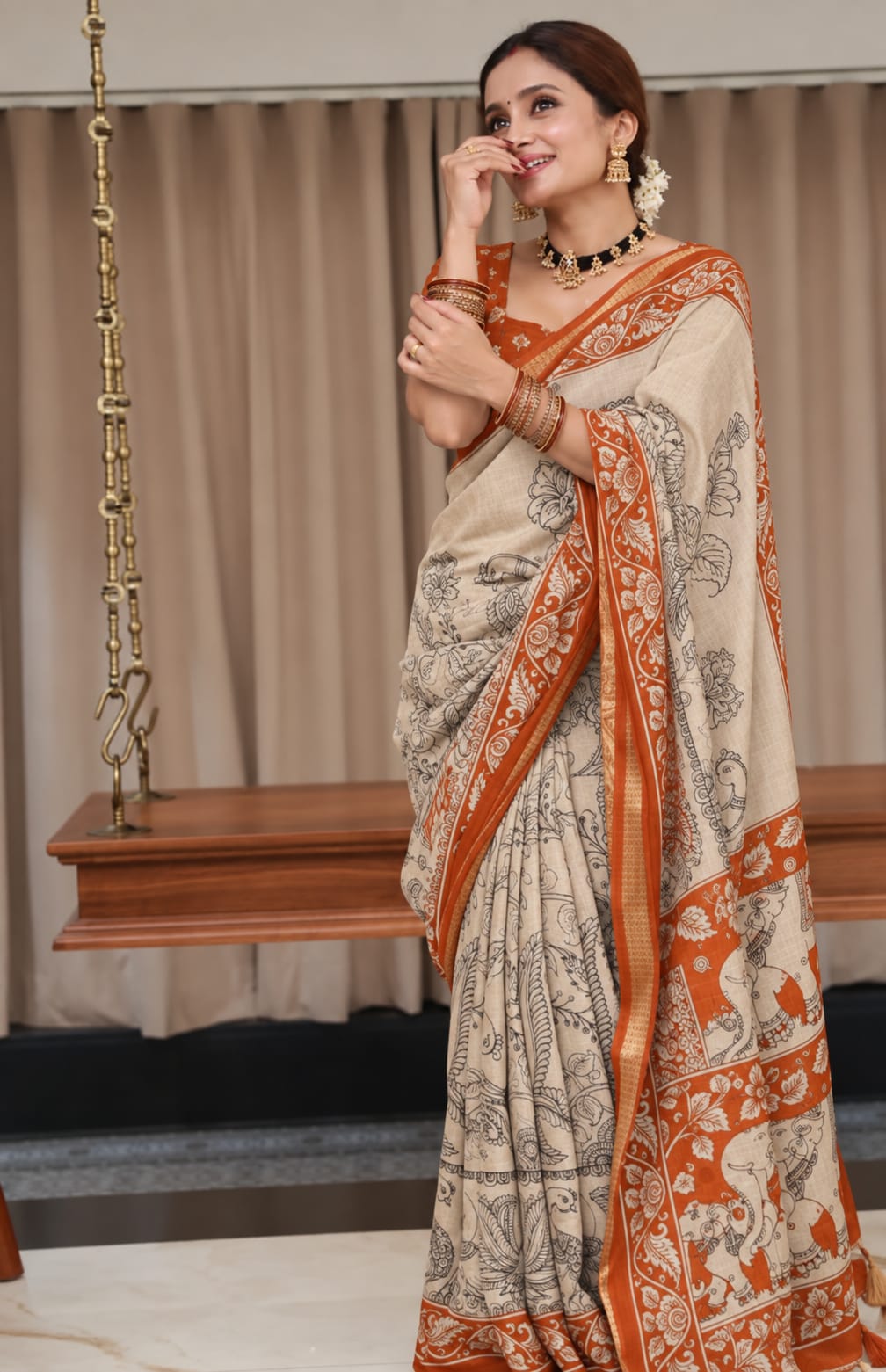Kalamkari-inspired Linen Cotton-Creme and Orange
