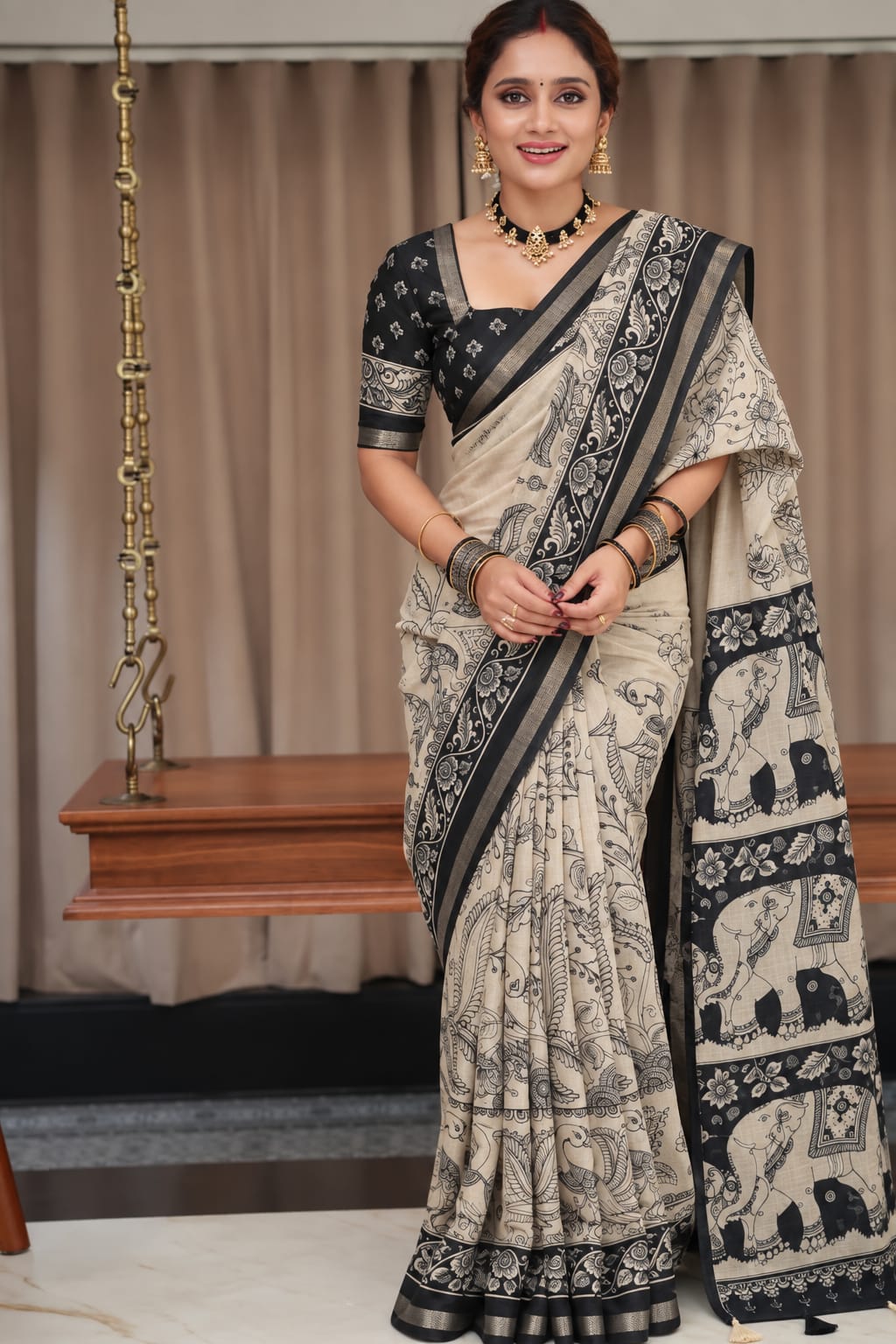 Kalamkari-inspired Linen Cotton- Creme and Black