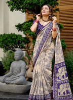 ✨️*Kalamkari-inspired Linen Cotton Saree-Creme and Navy blue✨️