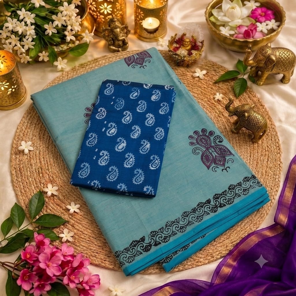 Sky Blue Linen Cotton Saree with Blue Paisley Prints