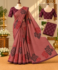 Dusty Rose Cotton Saree with Floral Block Prints