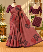 Dusty Rose Cotton Saree with Floral Block Prints