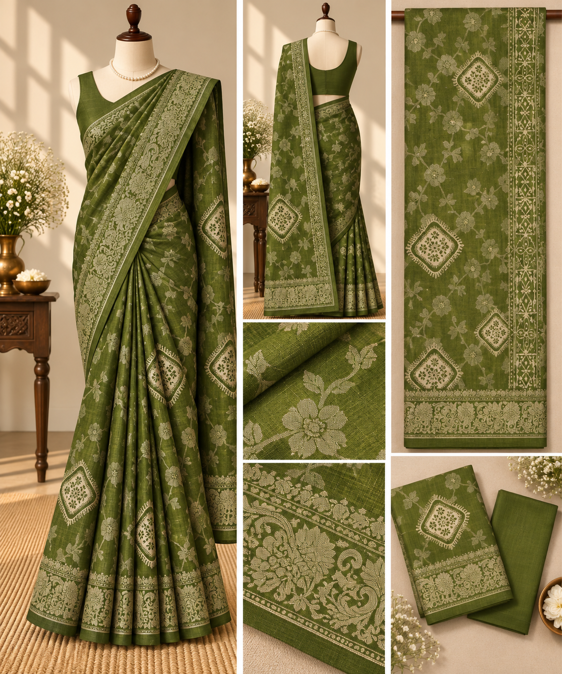 Banaras  Saree - Olive Green