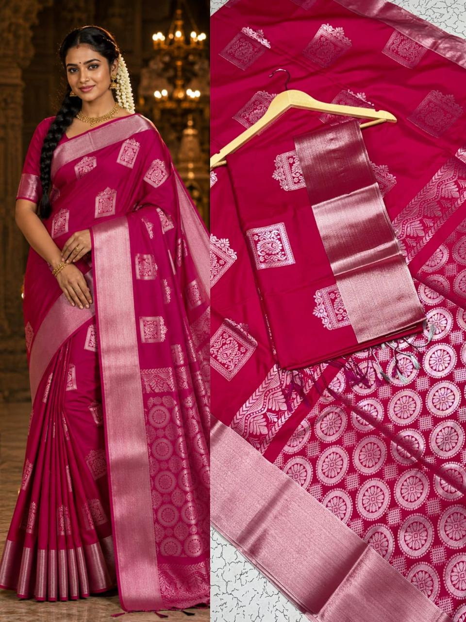 FANCY SOFT - SILK BHUTTA SAREES- Pink with Silver border