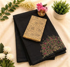 Black Linen Cotton Saree with Floral & Paisley Prints