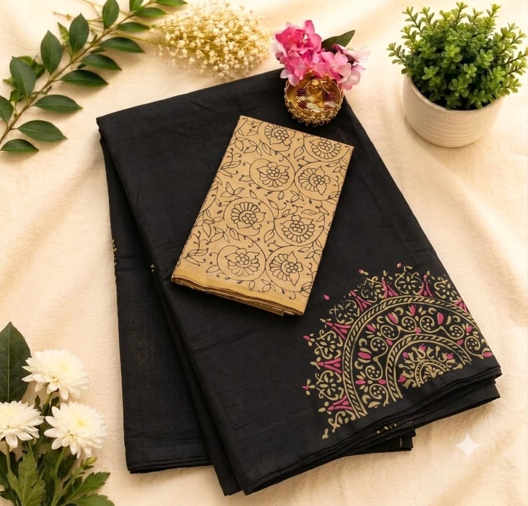 Black Linen Cotton Saree with Floral & Paisley Prints