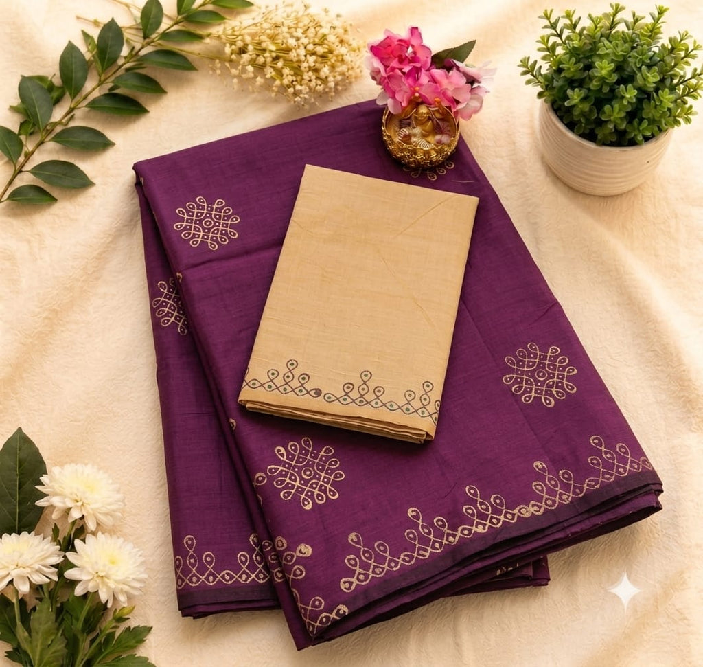 Purple Poly Cotton Saree with Elegant Kolam Motifs & Border