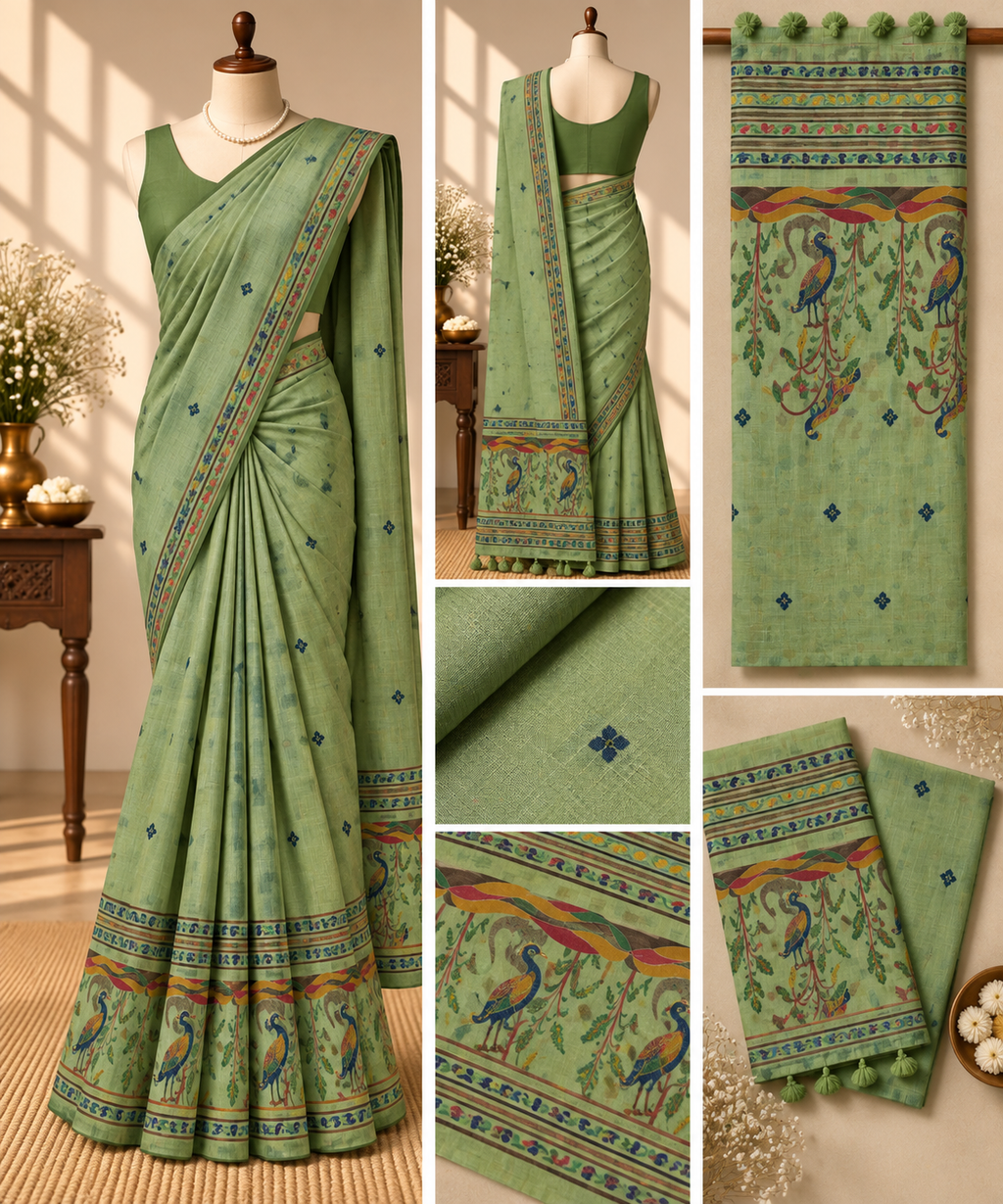 Pure Linen Saree - Olive Green