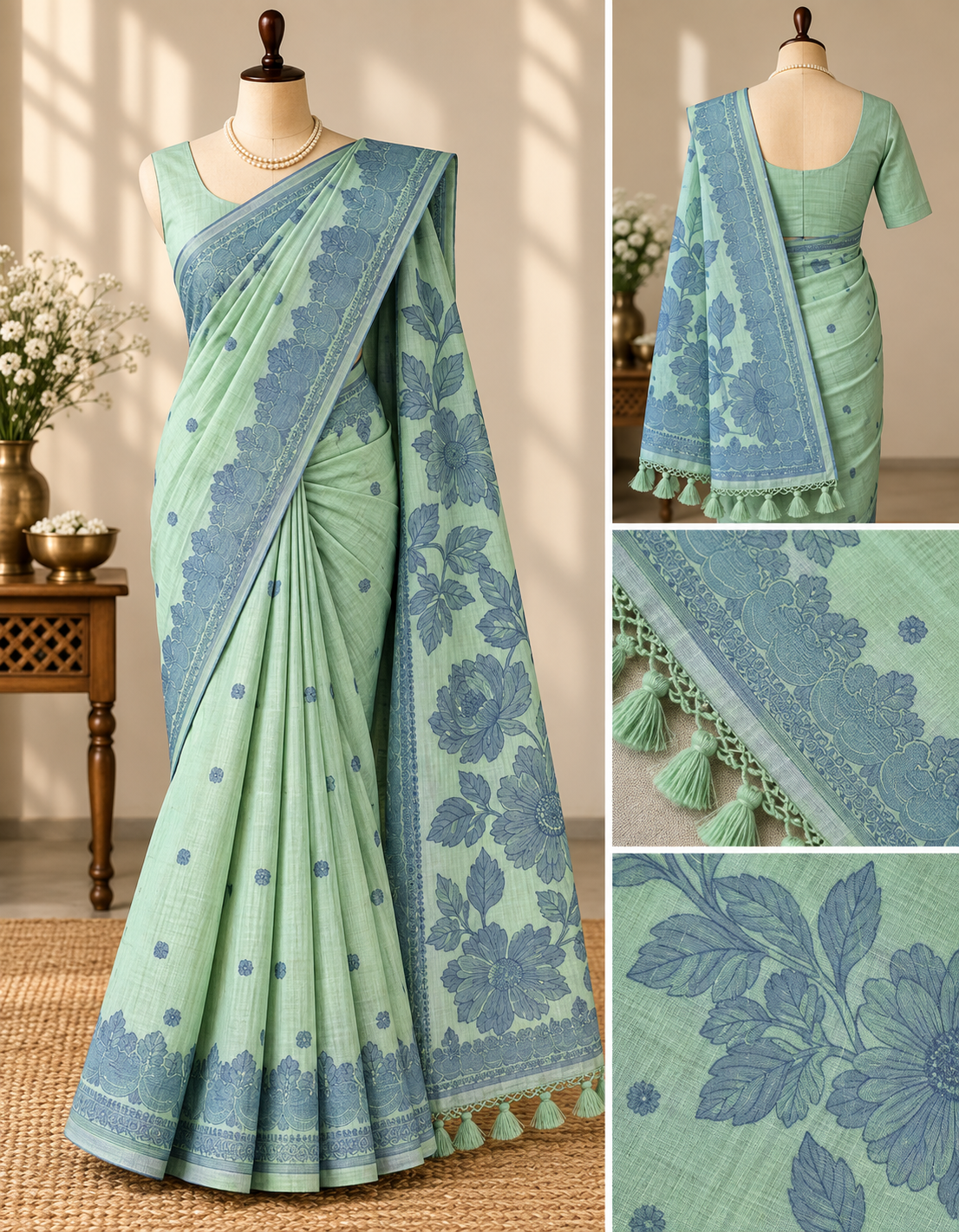 Seiko Silk Saree - Mint Green Floral