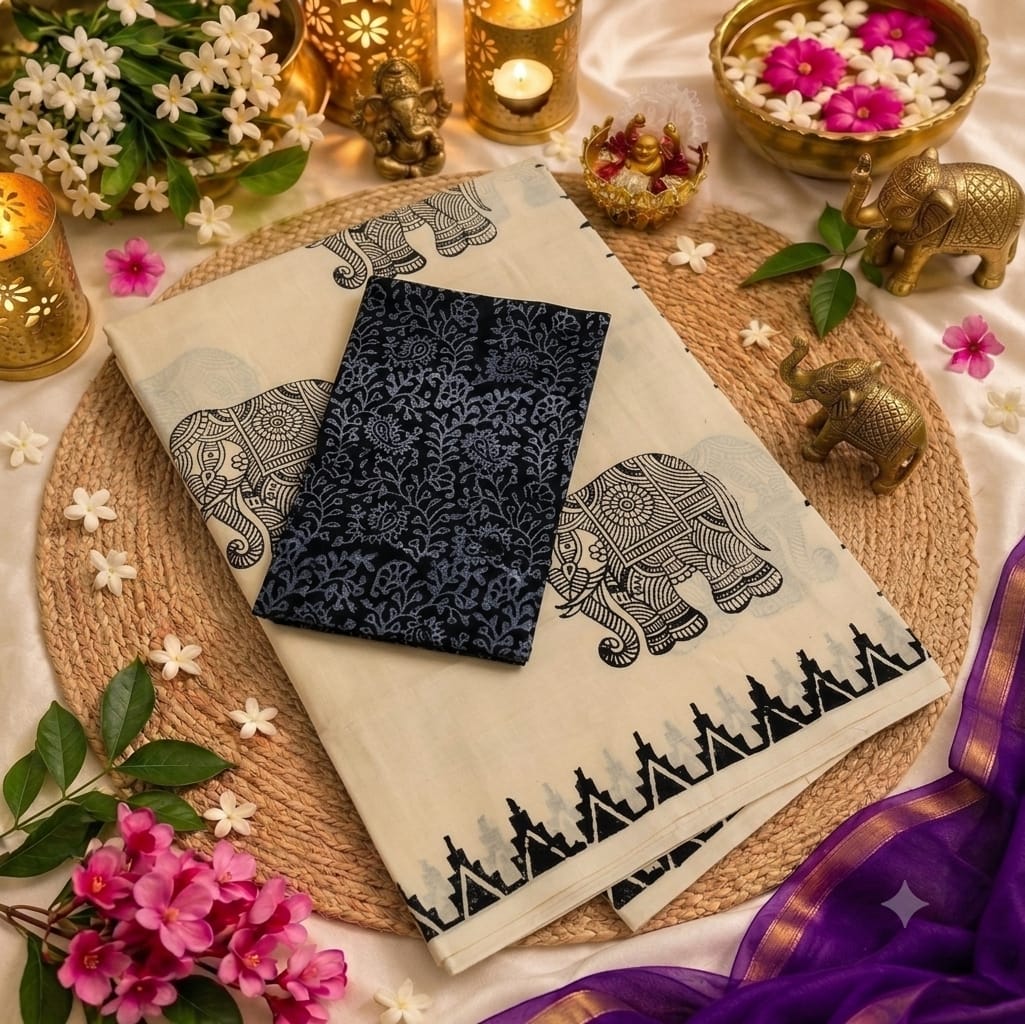 Cream & Black South Mix Cotton Block Printed Saree | Elephant Design