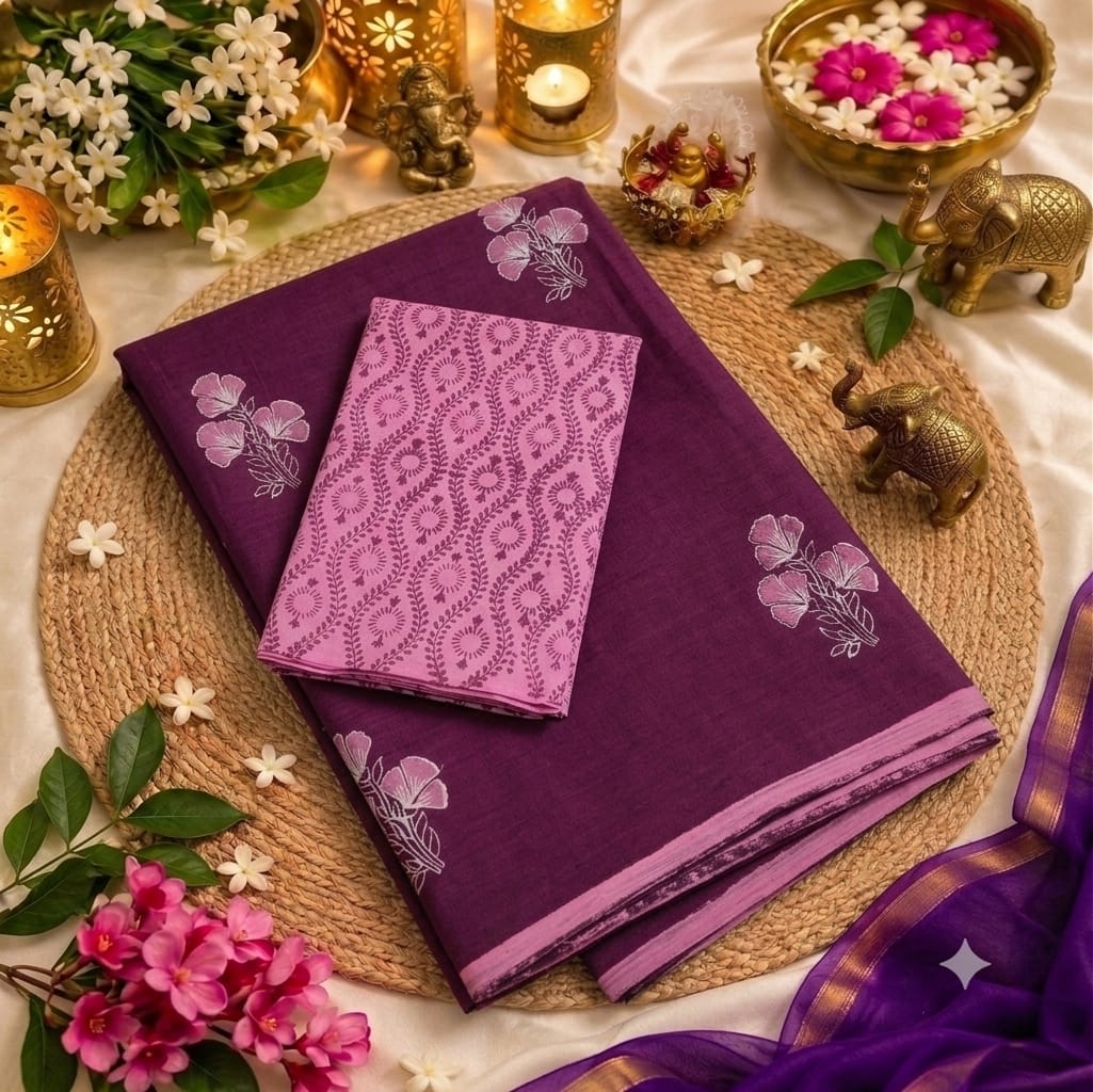 Purple Floral South Mix Cotton Block Printed Saree