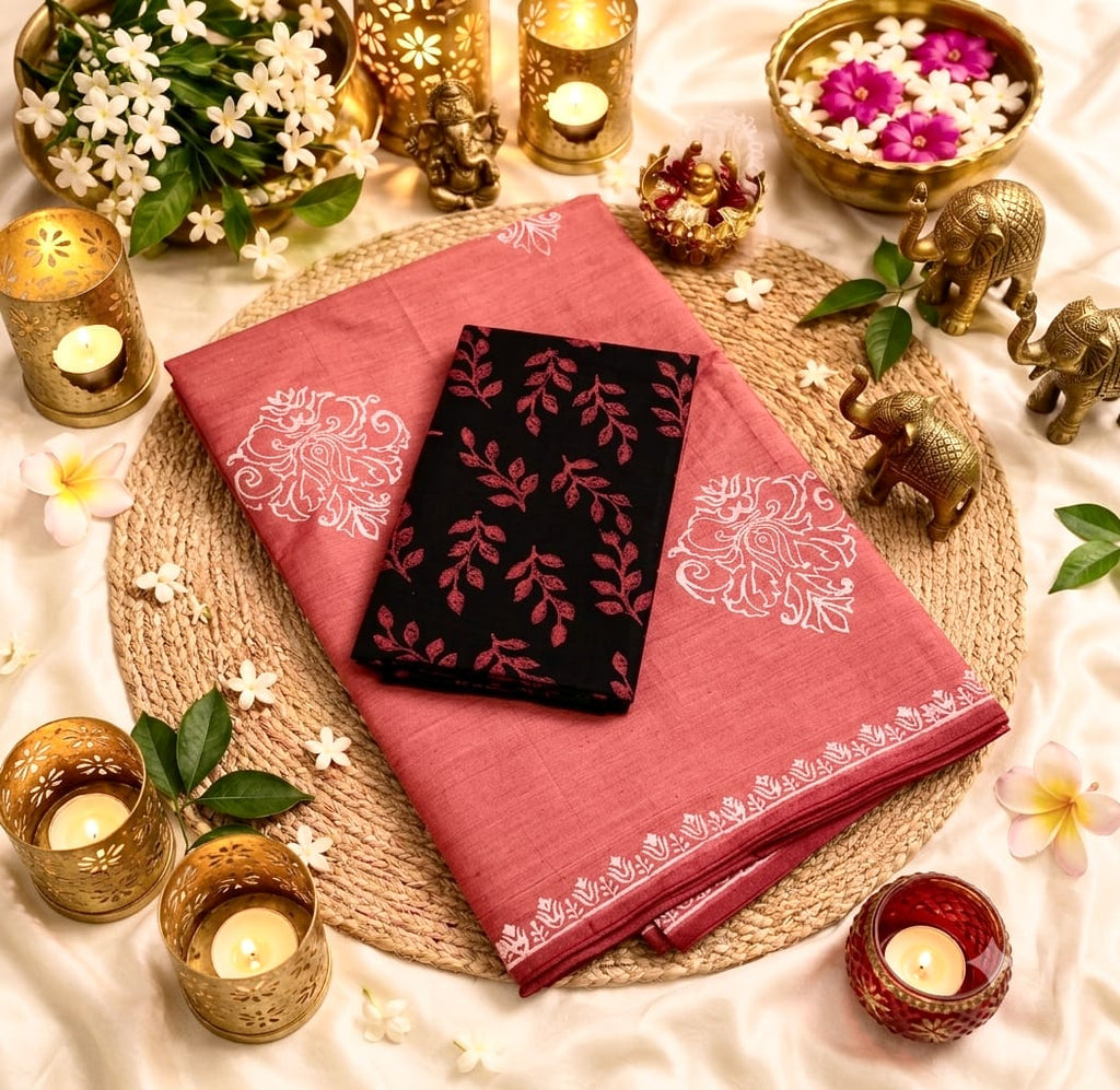 Pink South Mix Cotton Saree with Floral Block Prints