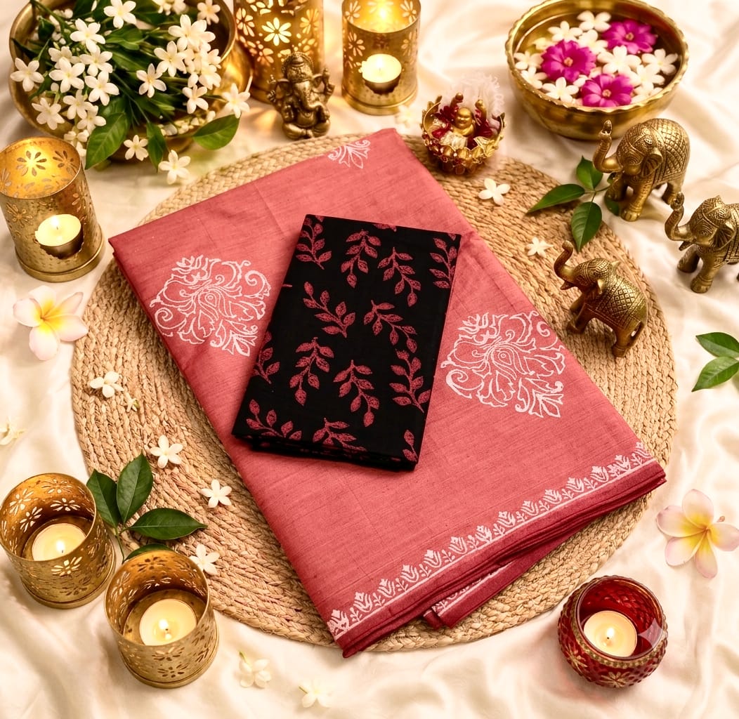 Pink South Mix Cotton Saree with Floral Block Prints