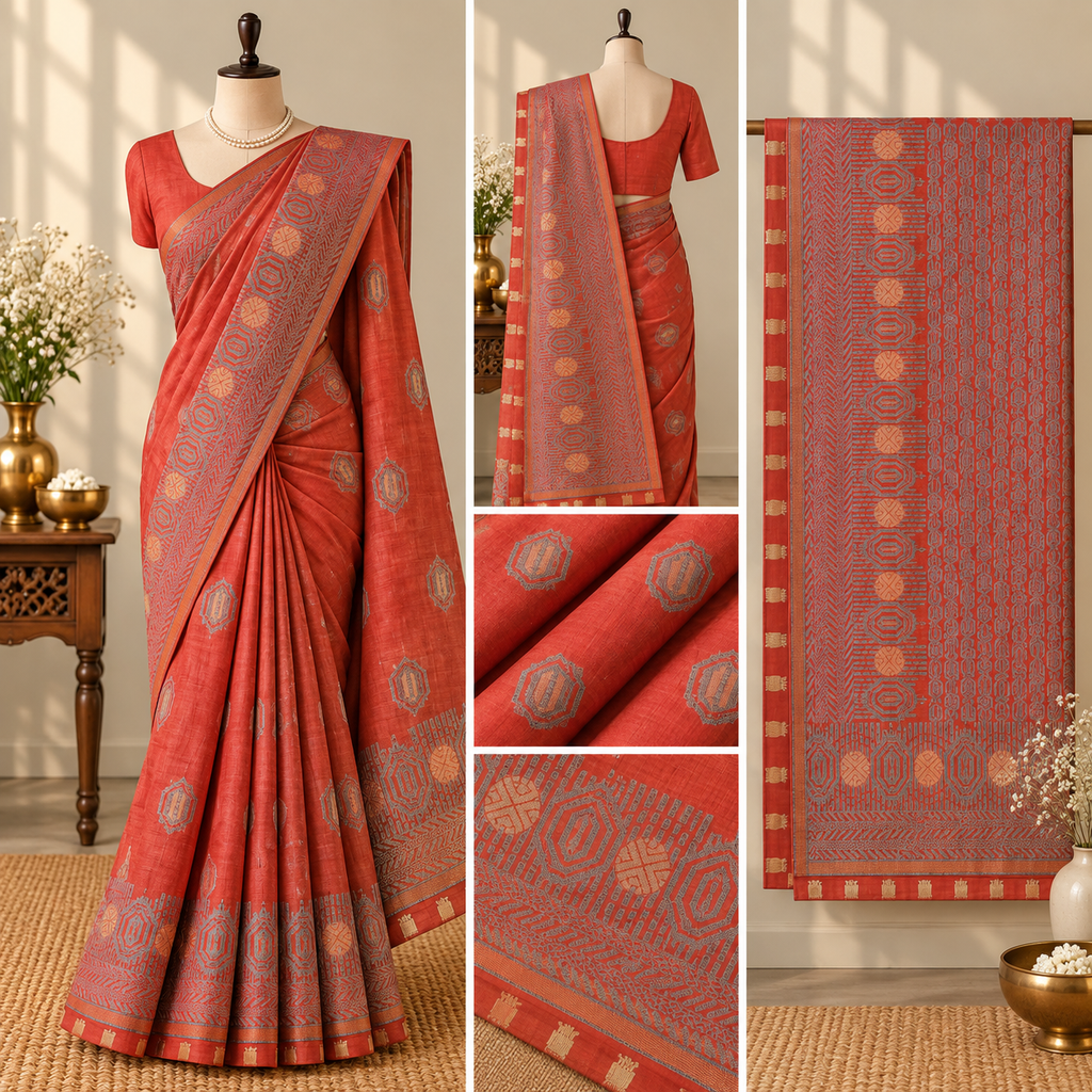 Tussar Khadi Saree - Rust Red