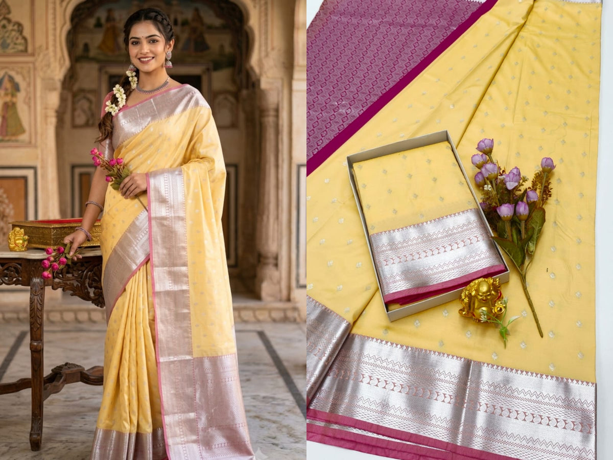 TANA FANCY  SEMY  SOFT SILK SAREE-Yellow with Rose and copper Jari