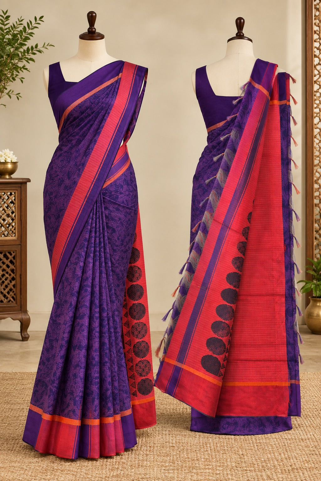 Banana Fibre Saree- Blue with beige border