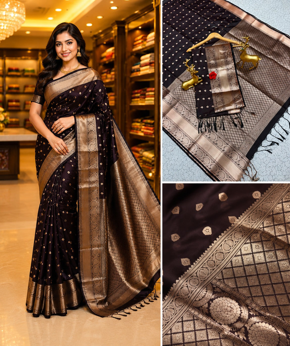 FANCY SOFT - SILK BHUTTA SAREES-black with golden border