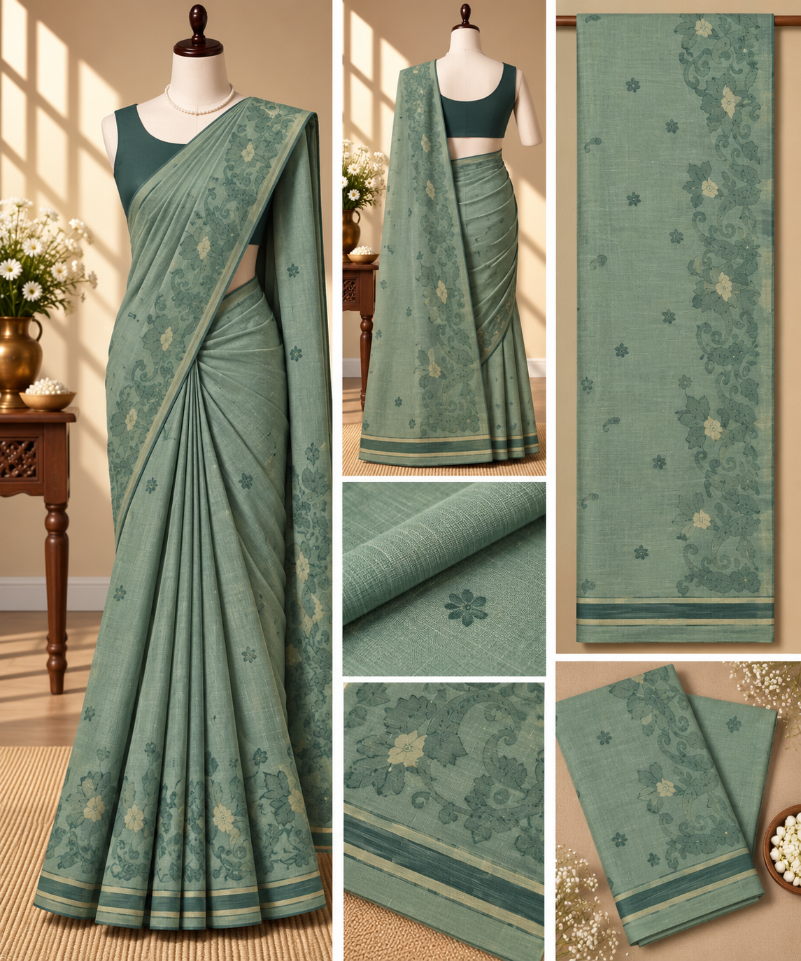 Chanderi Cotton Saree - Sage Green