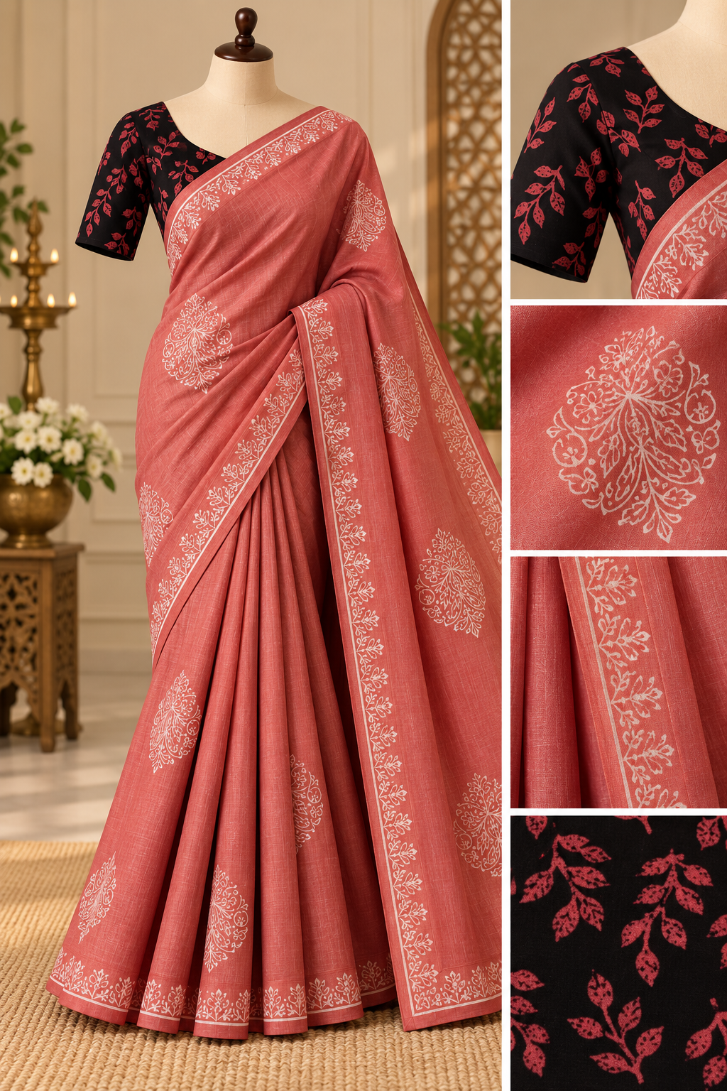 Pink South Mix Cotton Saree with Floral Block Prints