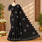 Black Linen Cotton Saree with White Kolam Motifs | Elegant Traditional Weave 🖤🤍