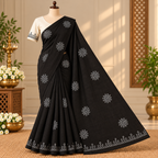 Black Linen Cotton Saree with White Kolam Motifs | Elegant Traditional Weave 🖤🤍