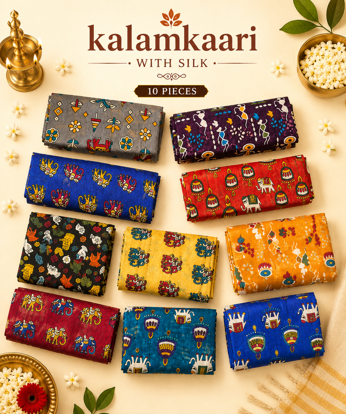 Unstitched Kalamkaari blouse -silk- 10 pcs-Pattern 3