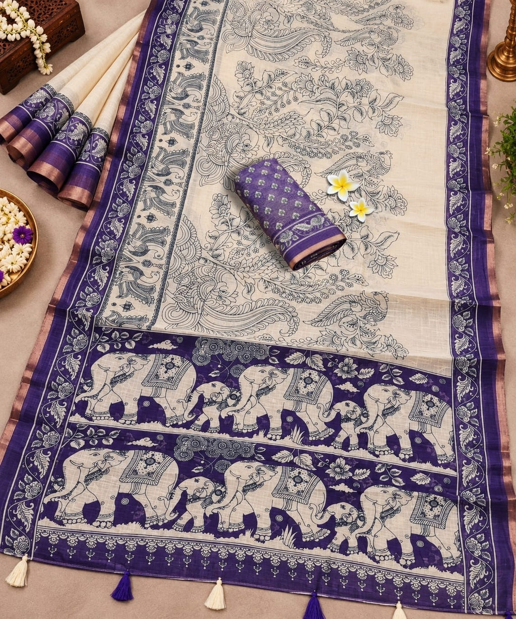 ✨️*Kalamkari-inspired Linen Cotton Saree-Creme and Navy blue✨️