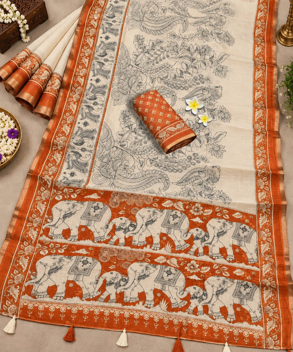 Kalamkari-inspired Linen Cotton-Creme and Orange