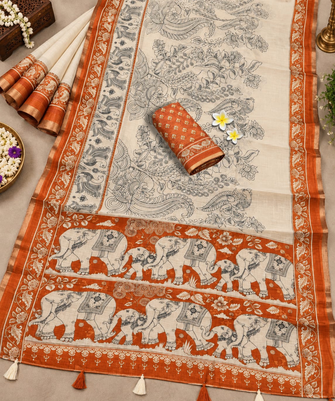 Kalamkari-inspired Linen Cotton-Creme and Orange