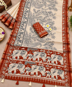 ✨️*Kalamkari-inspired Linen Cotton Saree- Creme and Red