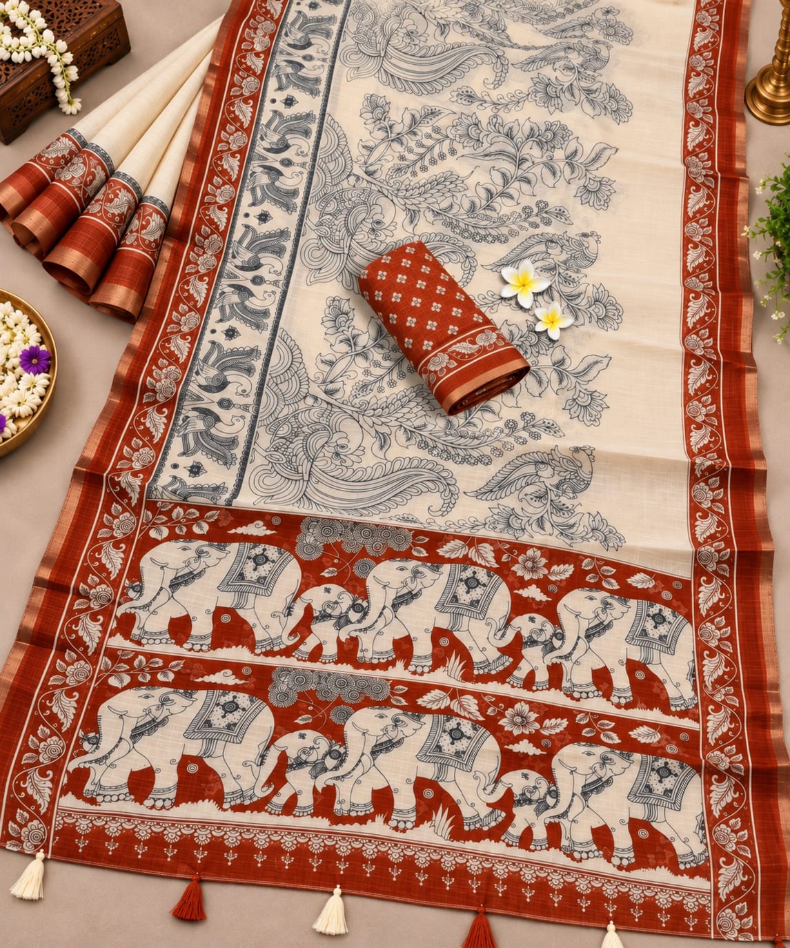 ✨️*Kalamkari-inspired Linen Cotton Saree- Creme and Red